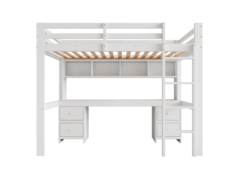 Lit mezzanine enfant avec bureau et grand rangement, garde-corps haut, blanc, 90x200 cm - Conforama A