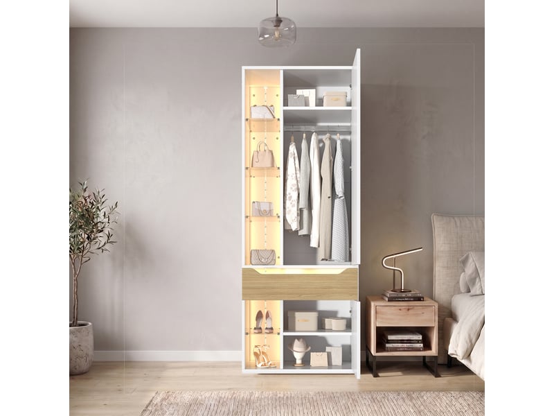 Armoire blanche avec vitrine led 75 × 50 × 200 cm, penderie et tiroir IKSETERA TRADING LTD - Conforama E