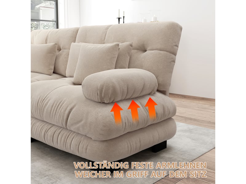 Canapé d'angle 4 places en velours côtelé beige clair avec pouf mobile et led intégrée pour salon - Conforama W