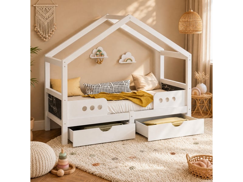 Lit cabane enfant 90x200 cm, sommier, bois coloris blanc, tableau noir, 2 tiroirs, toit design, sans matelas - Conforama B