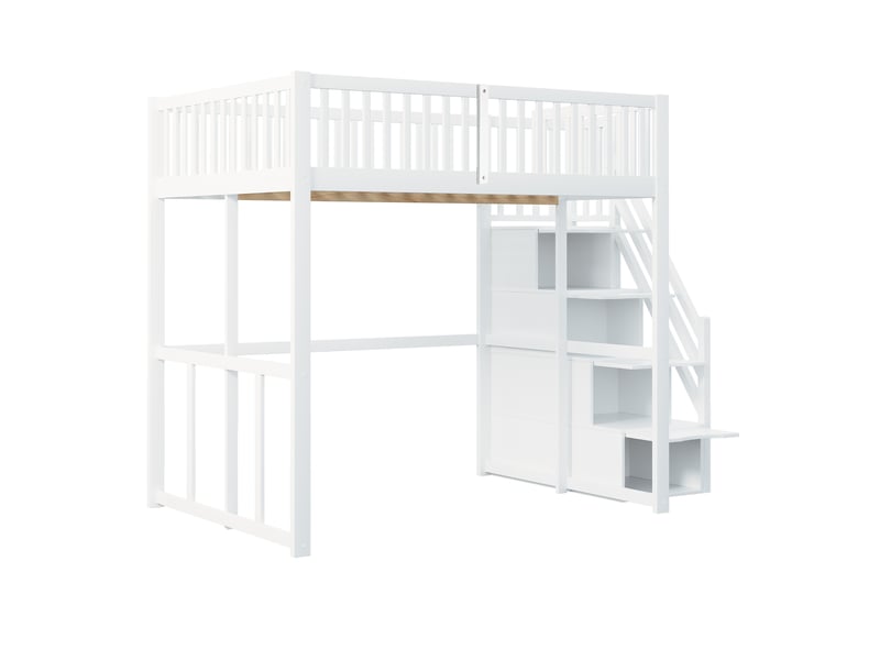 Lit mezzanine 140x200 cm - échelle avec rangements intégrés, barrière de sécurité, espace libre sous le lit - blanc et bois - Conforama R