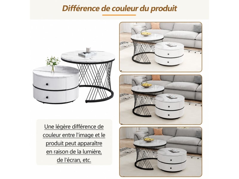  Tables basses gigognes lot de 2, 60 et 50 cm, 2 tiroirs, effet marbre haute brillance, salon, blanc  - Conforama E