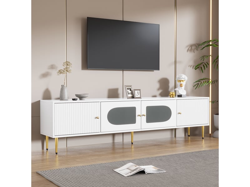  Meuble tv élégant 170x35x50 cm, 2 portes à rainures verticales, corps blanc avec pieds et poignées dorés, 2 portes à verre bombé  - Conforama R