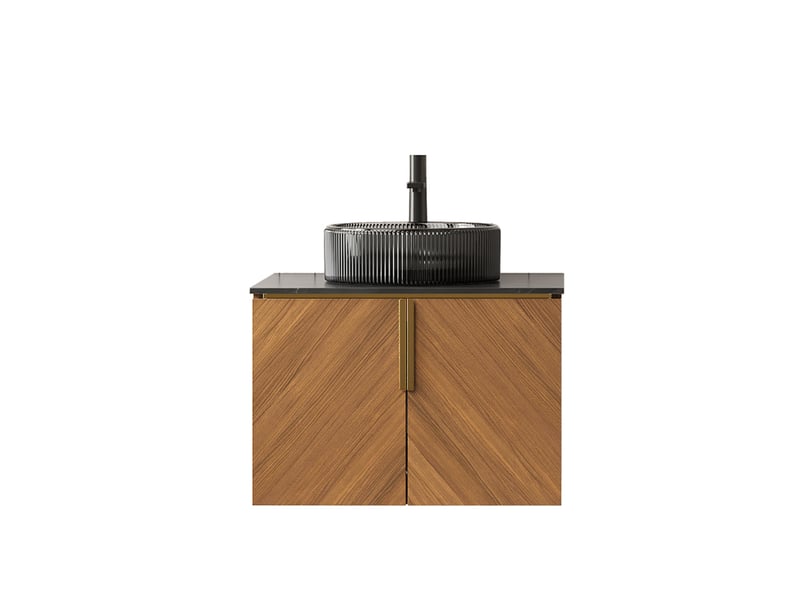  Meuble vasque suspendu 2 portes à fermeture douce - lpospi - rangement, verre trempé et pierre frittée - noir, chêne brun  - Conforama A