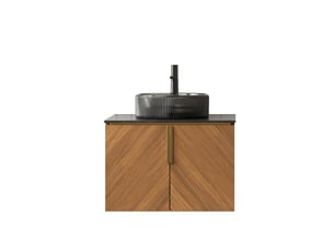 Meuble vasque suspendu 2 portes à fermeture douce - rangement, verre trempé et pierre frittée - noir, chêne brun