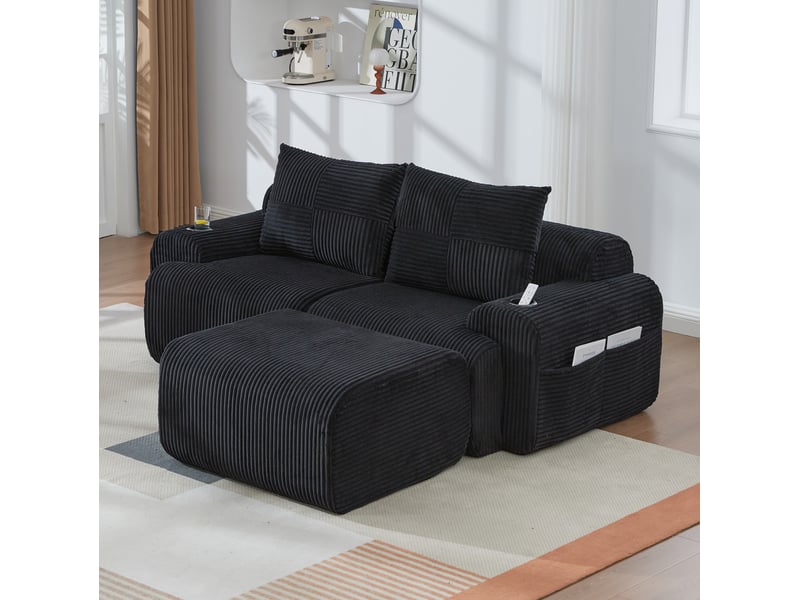  Canapé modulable 2 places 200x174x80 cm avec porte-gobelet intégré poche latérale velours côtelé noir  - Conforama B