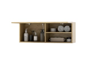 Meuble mural salle de bain 80 x 25 x 30 cm, porte relevable, finition bois naturel