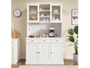 Vaisselier 120x40x191 cm avec portes vitrées, porte-verres, prises intégrées, panneau de particules, blanc