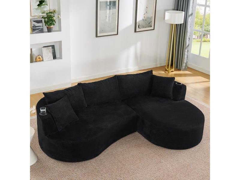  Canapé 3 places compressé avec méridienne droite + 2 places, tissu côtelé, noir, porte-gobelets et coussins 82418-BLK-RC - Conforama B