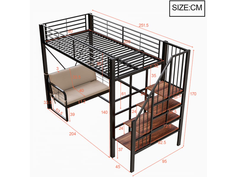  Lit surélevé 90 x 200 cm en métal avec canapé amovible et escalier de rangement noir  - Conforama C
