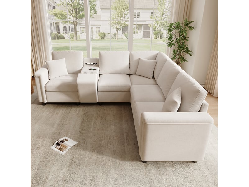  Canapé d’angle 5 places 235x208x83 cm avec rangement et ports usbusb-c beige  - Conforama B
