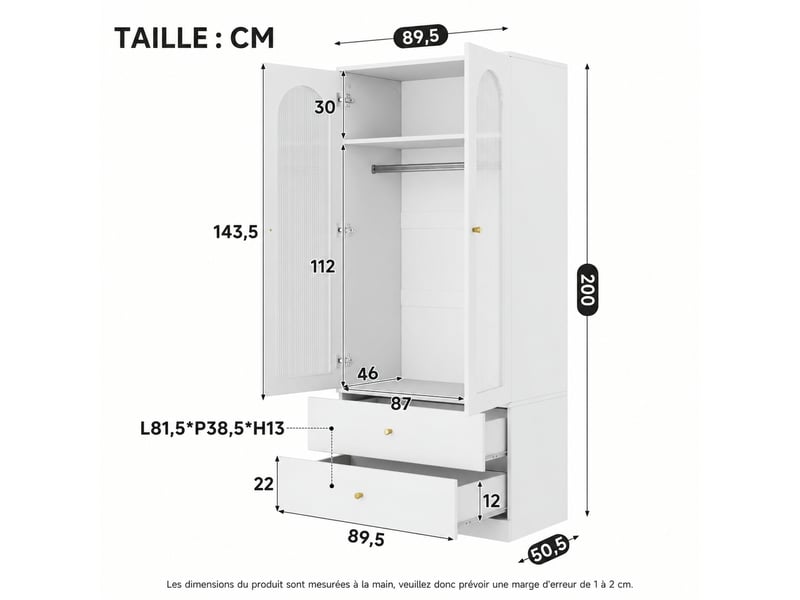  Armoire penderie blanche 2 portes 2 tiroirs, verre strié, 90 x 50 x 200 cm  - Conforama C