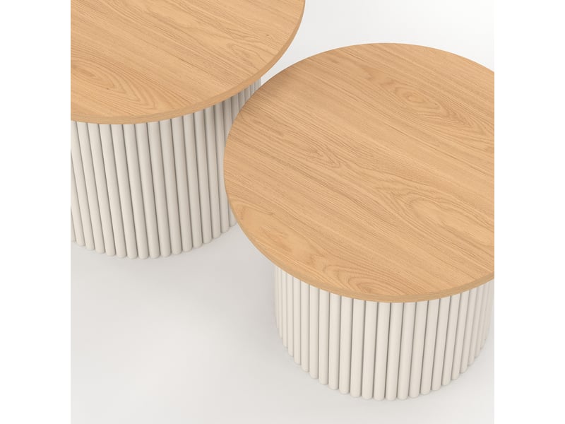 Lot de 2 tables basses gigognes kanel rondes 40-45 effet cannelé beige et plateau bois  - Conforama E
