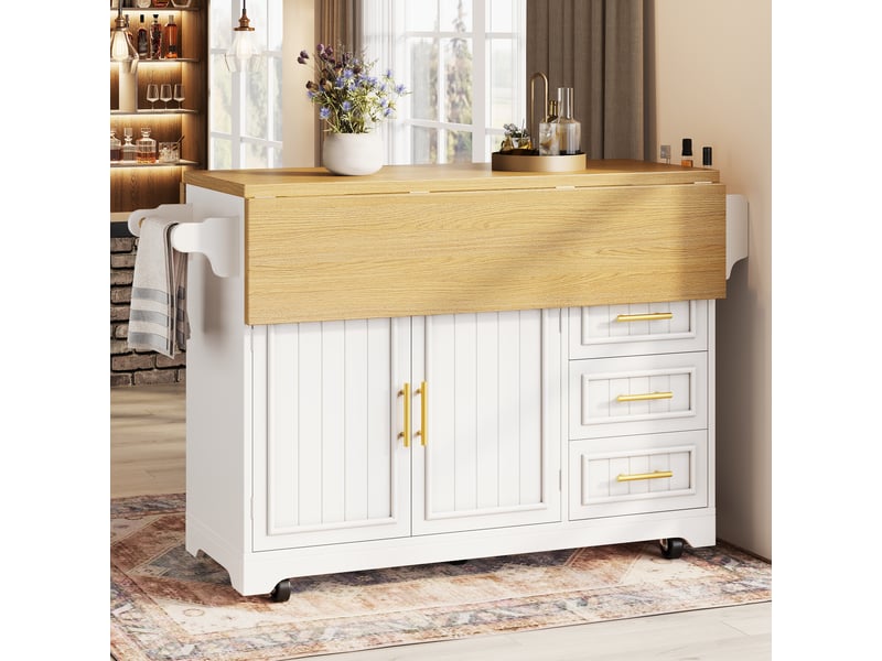  Îlot de cuisine multifonction avec extension table déplaçable, portes à motif vertical, rangement avec tiroirs buffet sur roulettes  - Conforama D