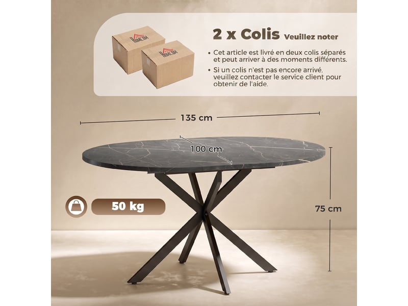  Table à manger extensible ovale pour 4 à 6 personnes, effet marbre noir, table de cuisine avec rallonge 100-135 cm  - Conforama C