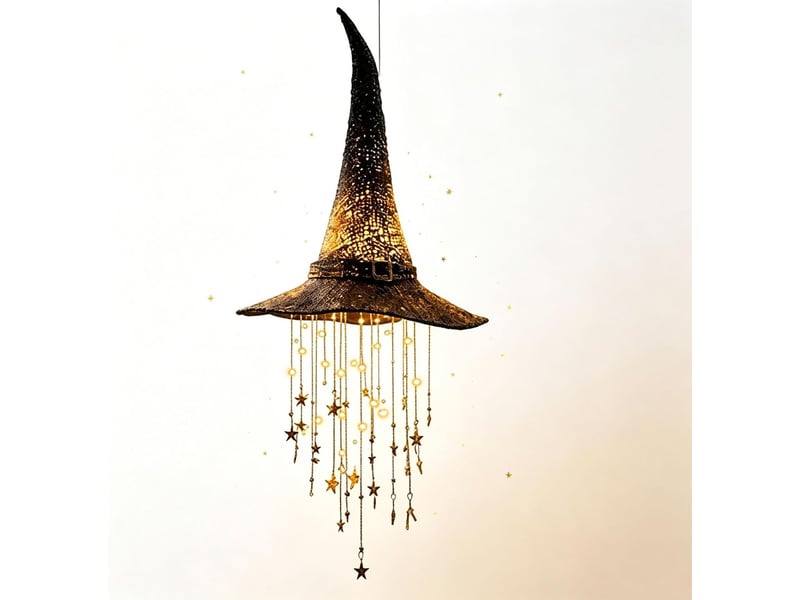  Pack de 1 décoration halloween suspendue, chapeau de sorcière lumineux led avec étoiles et carillon à vent pour porche, jardin et terrasse  - Conforama B