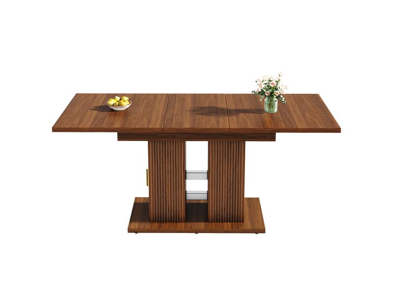  Table à manger rectangulaire extensible 120-160x80x75cm pour 4 à 6 personnes, double piètement à lattes verticales, rangements des 2 côtés, marron foncé evarich - Conforama A