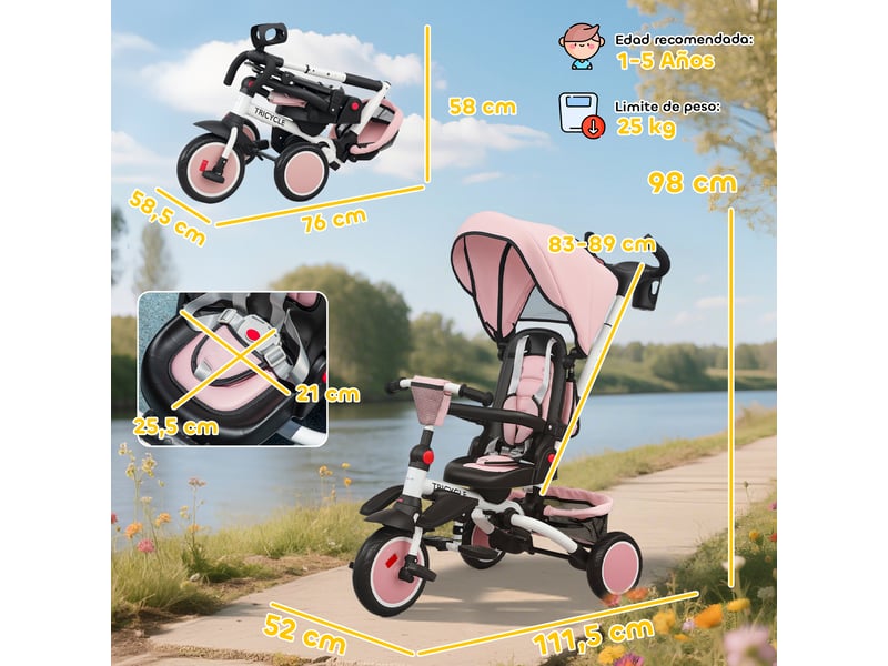  Tricycle convertible 6 en 1, pliable, siège pivotant à 360°, poignée parentale, dossier inclinable, capote, rose  - Conforama C