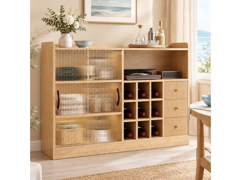  Buffet de rangement 120 cm avec casier à vin, led et portes coulissantes en verre  - Conforama B
