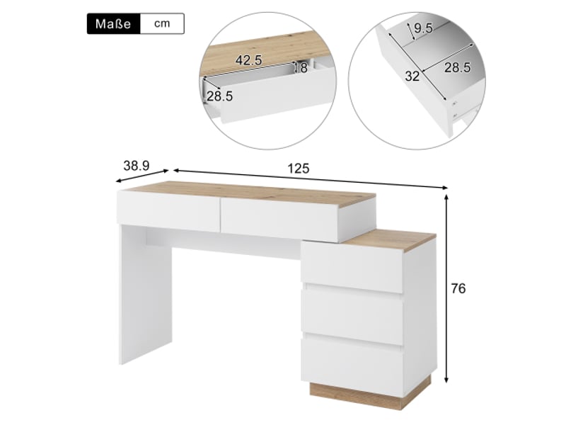  Coiffeuse+commode 125x38.9x76cm, 5 tiroirs, rangement, meuble chambre, panneau de particules blanc+naturel  - Conforama C