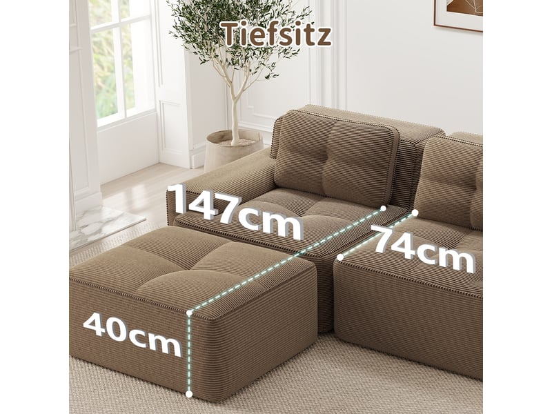  Canapé d'angle, canapé modulable — avec méridienne, sans montage, sans cadre, base antidérapante, style cloud, marron, en velours, 4 places  - Conforama D
