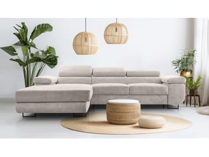 Canapé d'angle gauche convertible <strong>AX LIVING </strong> <strong>Arborio</strong> 5 places Velours côtelé blanc avec coffre de rangement