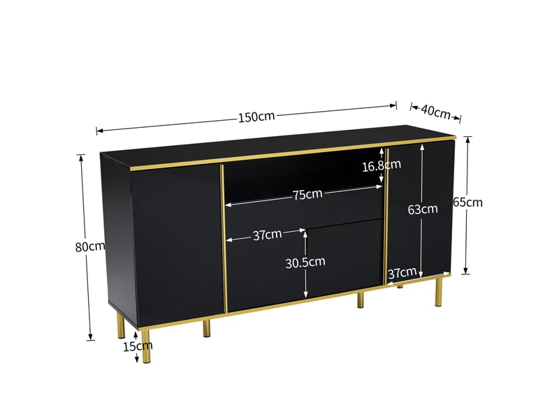  Sideboard 150x40x80 cm, finition brillante, 4 portes, 1 tiroir, mdf et panneau de particules, noir  - Conforama C