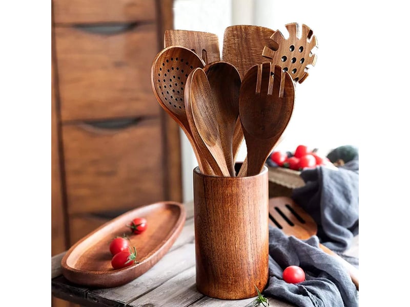 Set de 7 ustensiles de cuisine,meulva,30x13x6 cm,bois de teck,brun - Conforama D