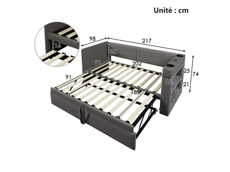 Canapé-lit 90x200 cm - lit gigogne avec station de recharge usb-c et porte-gobelet, sans matelas, bois et métal, gris - Conforama C