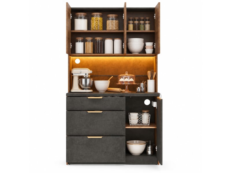  Buffet haut 4 portes 3 tiroirs led avec prises 100 x 40 x 180 cm evryae  - Conforama A