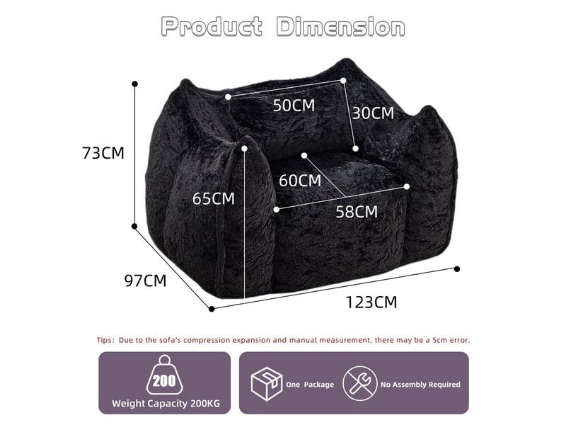  Fauteuil poire 1 place - 123x97x73cm - avec oreiller de confort - pouf géant en fourrure synthétique noir  - Conforama E