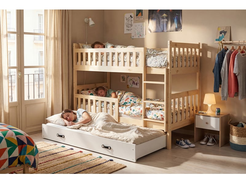  Lit superposé 3 places quba 90x200 cm + lit tiroir 80x190 cm interbeds - bois massif de pin - pin naturel blanc  - Conforama D