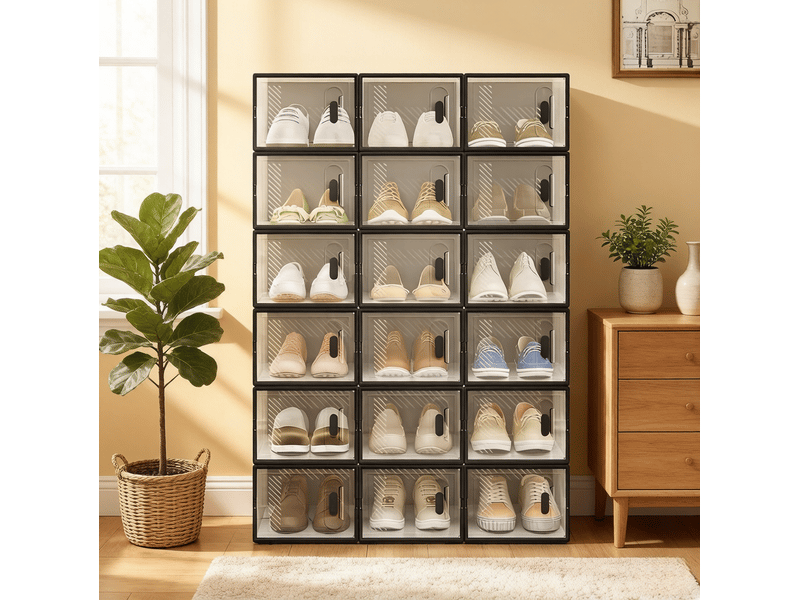  Lot de 18 boîtes à chaussures empilables en plastique transparent et noir  - Conforama B