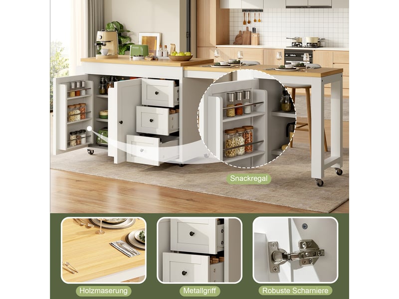  Buffet extensible cuisine blanc, meuble rangement avec 3 tiroirs et roulettes, design moderne pour salle à manger  - Conforama R
