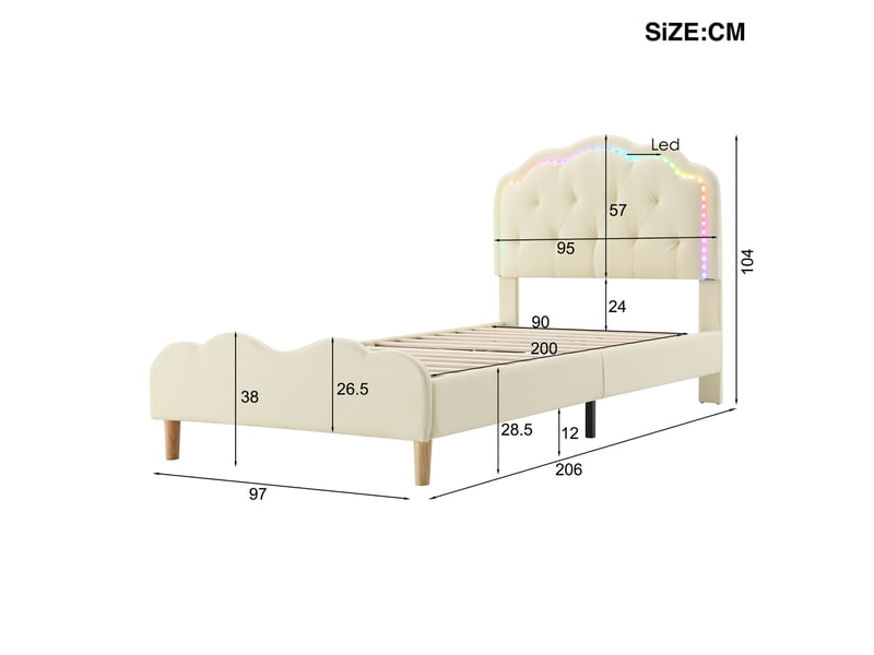  Lit simple pour enfant 90x200 cm - lit décoratif avec tête de lit en forme de vague et bandes led - simili cuir + bois + métal - sans matelas - blanc  - Conforama E