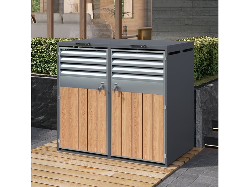  Abri pour poubelles extérieur 2 compartiments en acier gris avec portes verrouillables et couvercles hydrauliques  - Conforama E