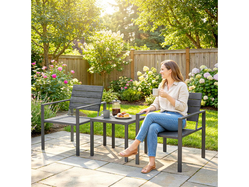  Ensemble de jardin 3 pièces comprenant 2 chaises d'extérieur et une table basse, en pehd et métal, gris foncé  - Conforama D