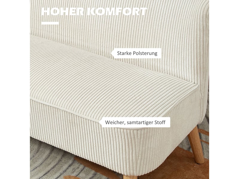 Canapé droit 2 places 117x56,5x77cm sans accoudoirs | style moderne scandinave velours côtelé | structure bois massif charge 150kg - blanc crème - Conforama C