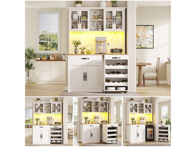  Buffet salon 140 cm éclairage led chariot roulant rangement à bouteilles et verres à vin meuble haut meuble éclairé  - Conforama A