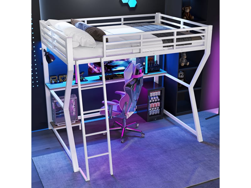  Lit mezzanine 90x200 cm avec led, bureau et usb, métal, blanc, sans matelas  - Conforama W