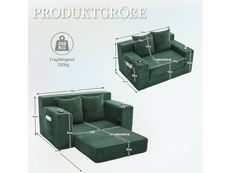 Fauteuil pouf double avec poches et deux coussins, en velours côtelé vert émeraude, 151 × 133 × 64 cm - Conforama D