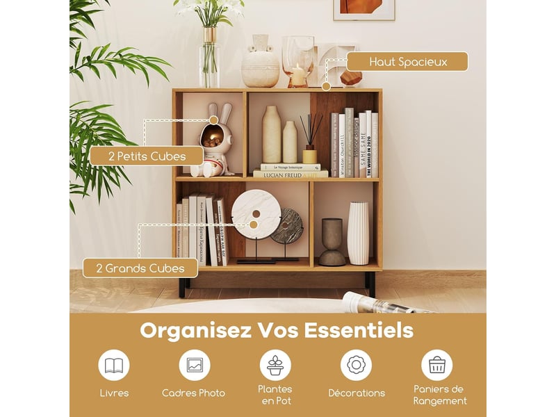 Bibliothèque cube à 2 niveaux, 4 compartiments ouvertes, pieds surélevés en métal, kit anti-basculement, pour bureau, chambre, salon - Conforama C