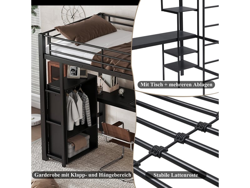  Lit mezzanine avec bureau et étagères, lit enfant noir 90x200 cm  - Conforama E