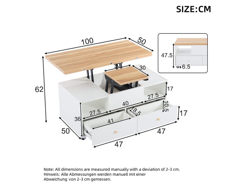  Table basse réglable en hauteur avec fonction pliante et 4 tiroirs, 100 x 50 x 47,5 cm, une grande et une petite table à levage hydraulique, table de salon mobile avec roulettes universelles, table basse  - Conforama C