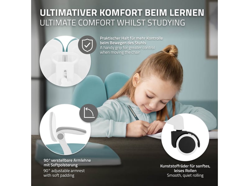  Ml-design chaise de bureau pour enfant 95-107 cm pétrole avec dossier divisé et repose-pieds siége d'étude ergonomique pivotant 360° hauteur réglable accoudoirs rabattables tissu respirant confortable  - Conforama D