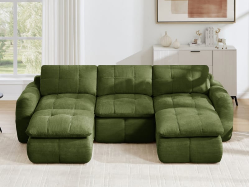  Canapé modulable en u 3 places avec 2 poufs mobiles, chenille vert, sans structure  - Conforama B