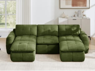 Canapé modulable en u 3 places avec 2 poufs mobiles, chenille vert, sans structure