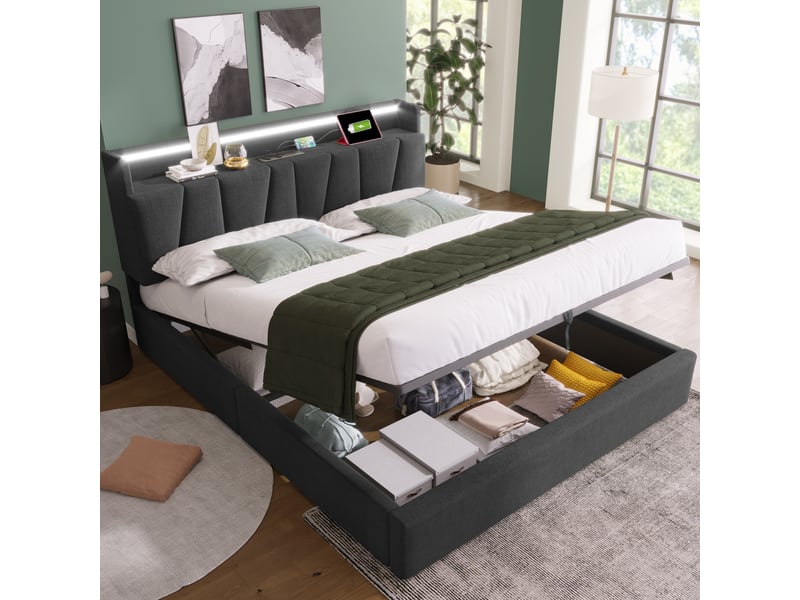  Lit coffre tcqpz 160 x 200 cm avec tête de lit de rangement led usb type-c gris  - Conforama E