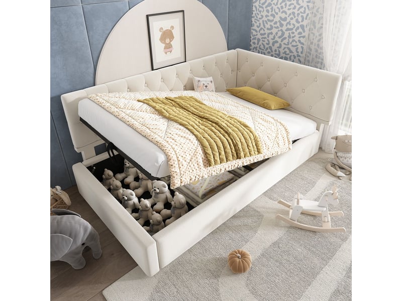  Lit capitonné 90x190, look moderne lit une personne, revêtement velours beige, rangement hydraulique intégré, sommier bois inclus  - Conforama B