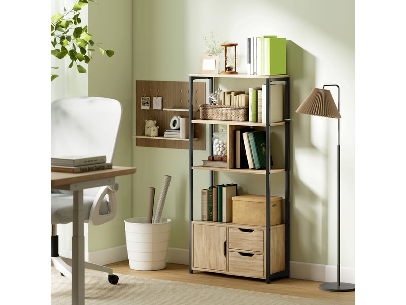  Bibliothèque style industriel 3 étagères placard porte 2 tiroirs 58 x 24 x 122 cm effet bois naturel acier noir  - Conforama D